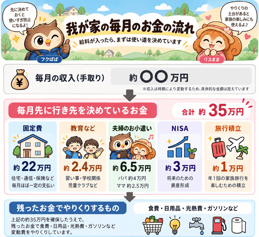 4人家族の毎月のお金の流れ｜固定費約22万円、教育費約2.4万円、お小遣い約6.5万円、NISA約3万円、旅行積立約1万円